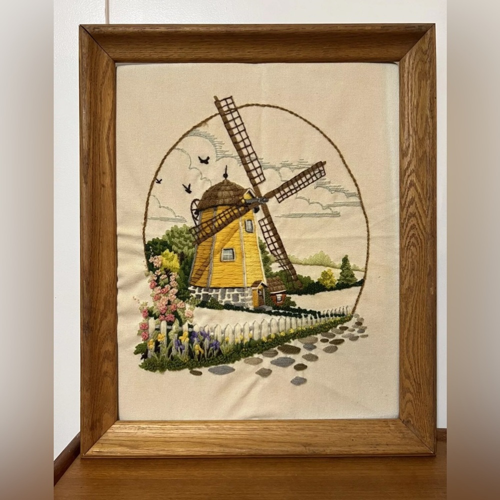 Vintage Framed Crewel  Dutch Windmill 19x23 Sunset Stitchery Complete Embroidery